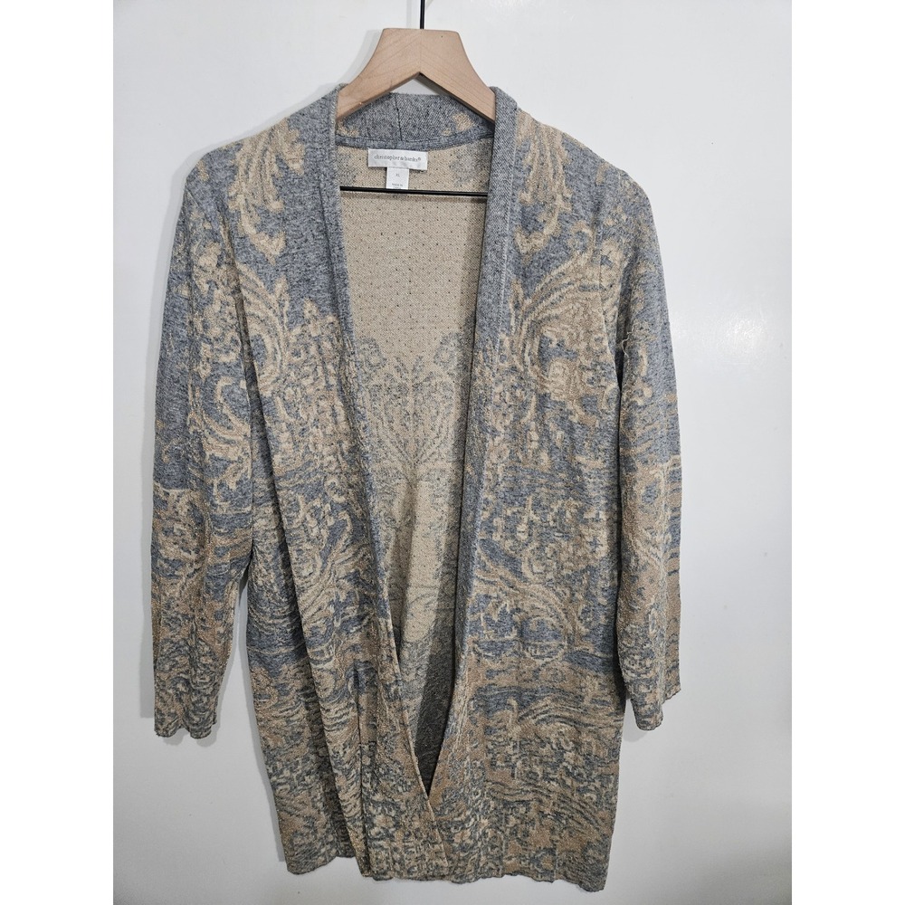 Christopher & Banks Grey Gold Metallic Damask Paisley Open Front Cardigan XL